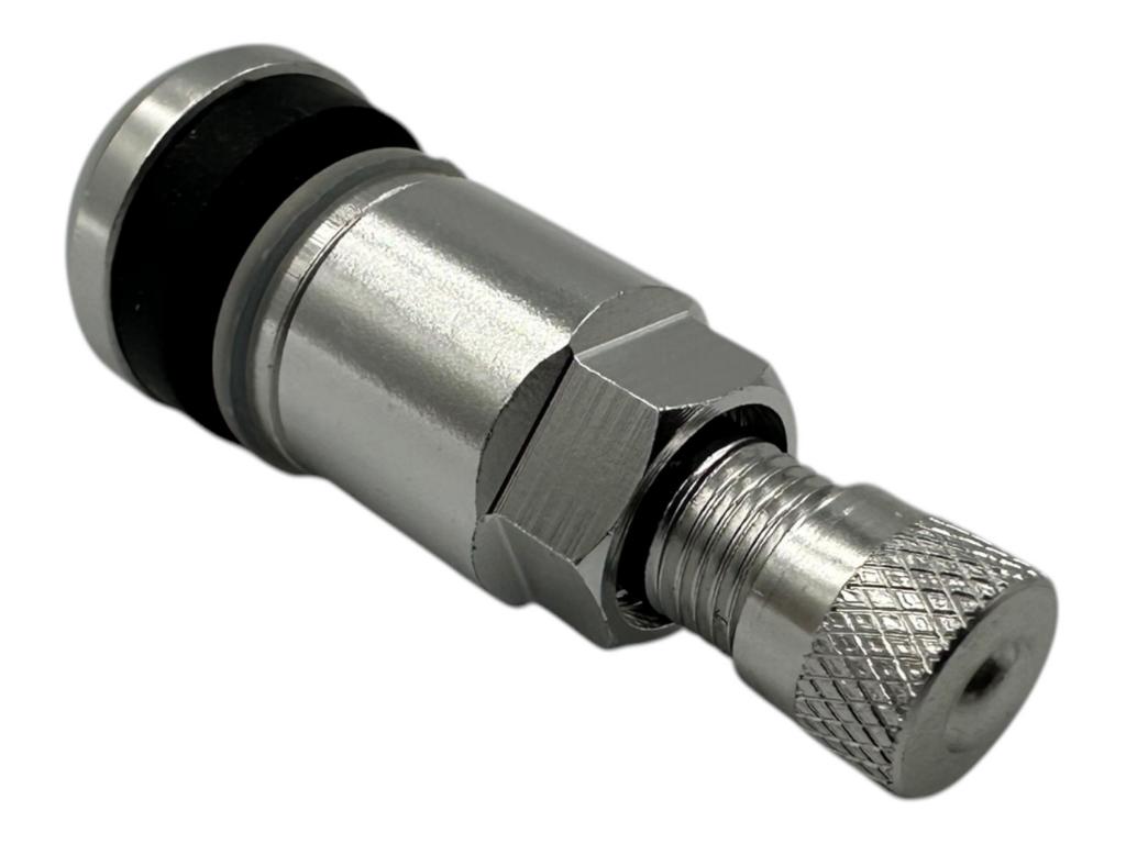 Silbernes BBS Metallventil aus Aluminium in der Größe 11,5x40 mm mit passender Ventilkappe für BBS Alufelgen.