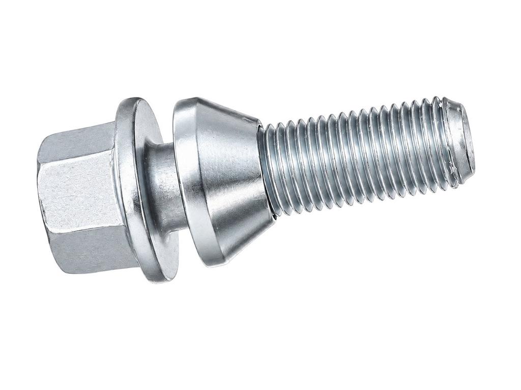 Zweiteilige OZ Racing Radschraube aus hochfestem Metall mit einem beweglichen 60-Grad-Kegelbund für den präzisen Sitz von Alufelgen.