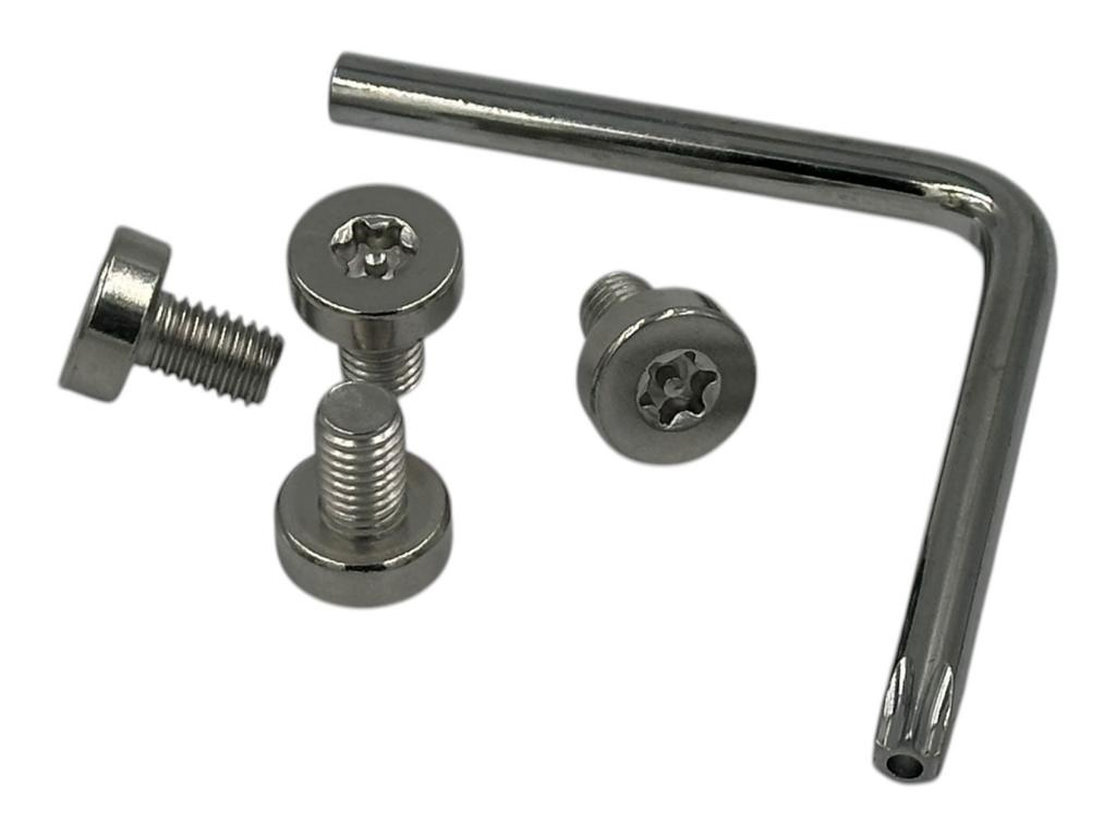 Fünfteiliges Sicherungs-Set für Borbet A und Centra Felgendeckel mit vier M8x10mm Torx-Schrauben und einem Spezialschlüssel zum Diebstahlschutz.