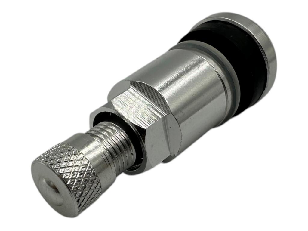 Silbernes BBS Metallventil aus Aluminium in der Größe 11,5x40 mm mit passender Ventilkappe für BBS Alufelgen.