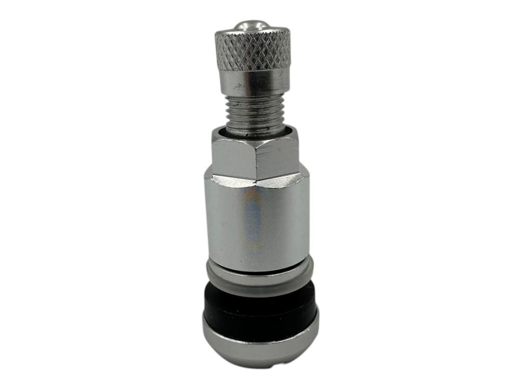 Silbernes BBS Metallventil aus Aluminium in der Größe 11,5x40 mm mit passender Ventilkappe für BBS Alufelgen.